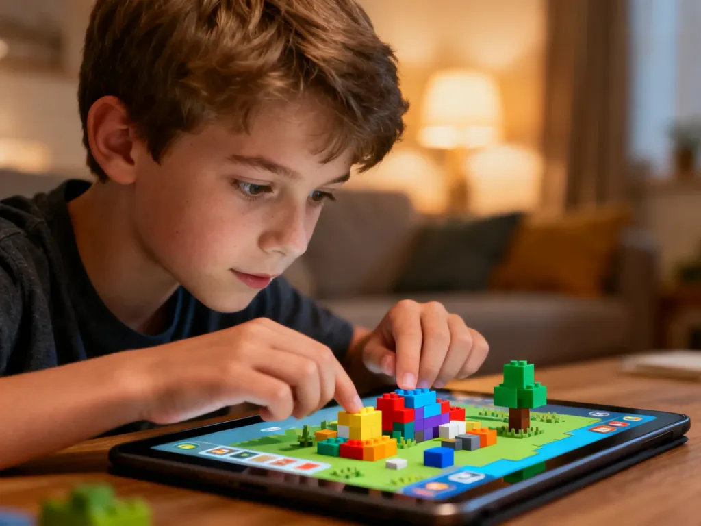Chłopiec skupiony na grze w Roblox na tablecie w przytulnym salonie.