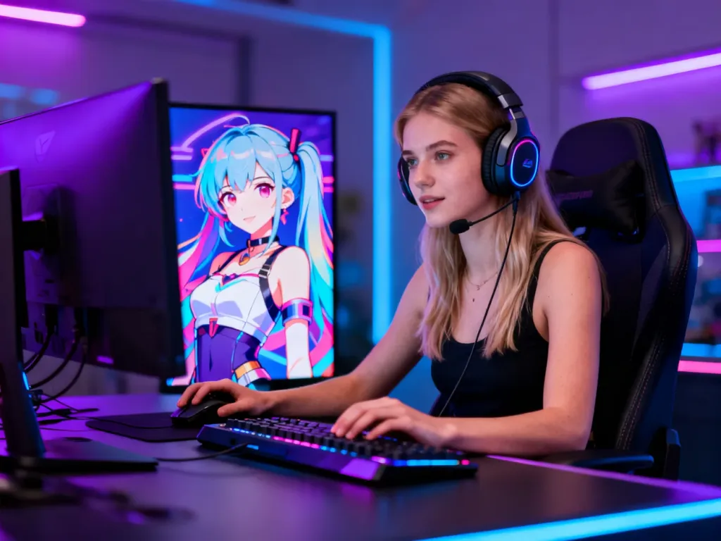 Streamerka przy profesjonalnym stanowisku z widocznym na ekranie animowanym awatarem 2D, typowym dla twórców typu VTuber.