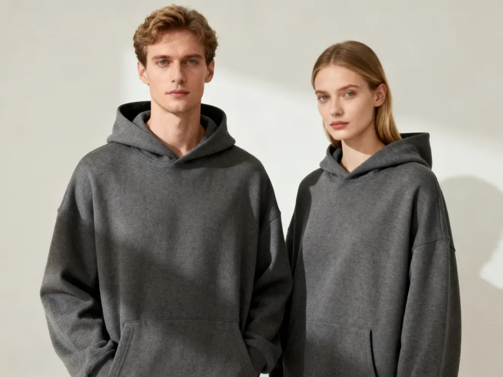 Kobieta i mężczyzna w identycznych szarych bluzach z kapturem, prezentujący minimalistyczny styl unisex.