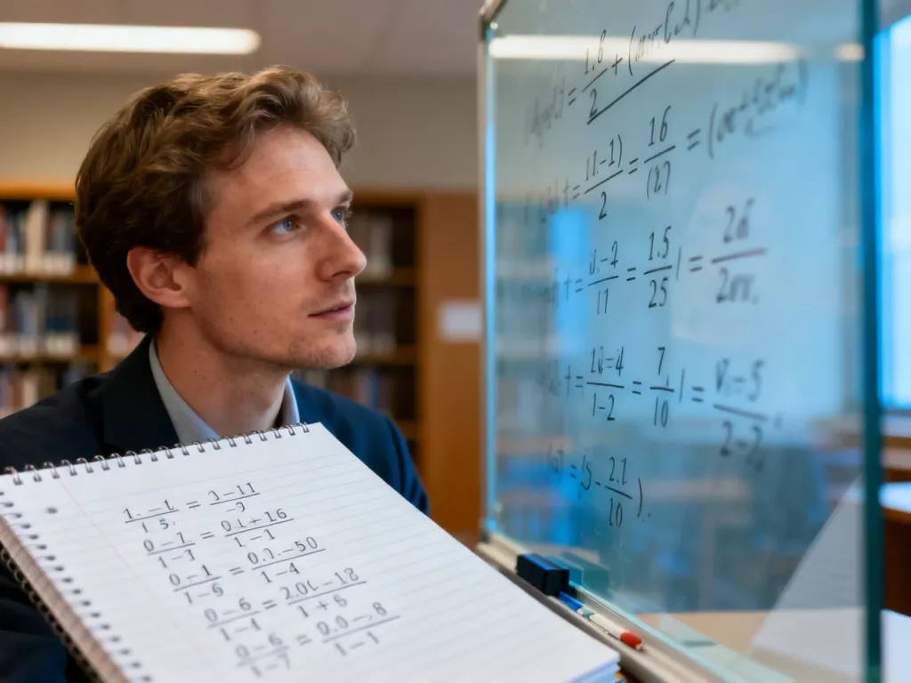 Mężczyzna analizujący złożone równania matematyczne oraz notatnik z ułamkami i liczbami dziesiętnymi na szklanej tablicy.
