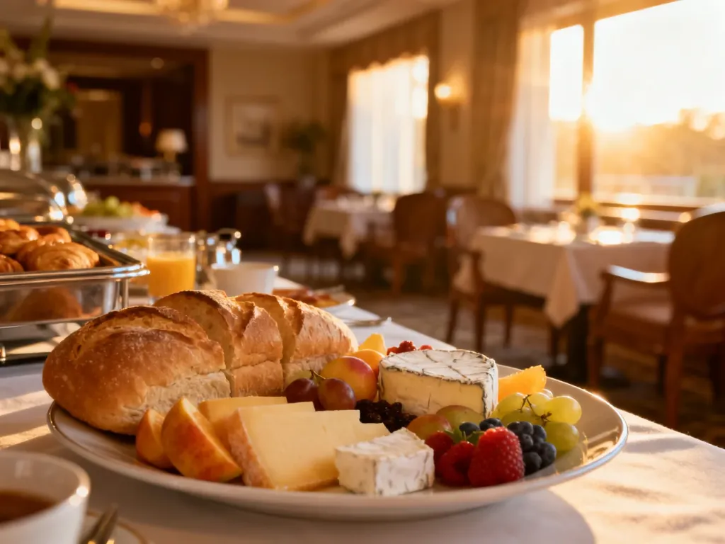 Zastawiony talerz ze śniadaniem w hotelowej restauracji, ilustrujący ofertę wyżywienia typu half board.