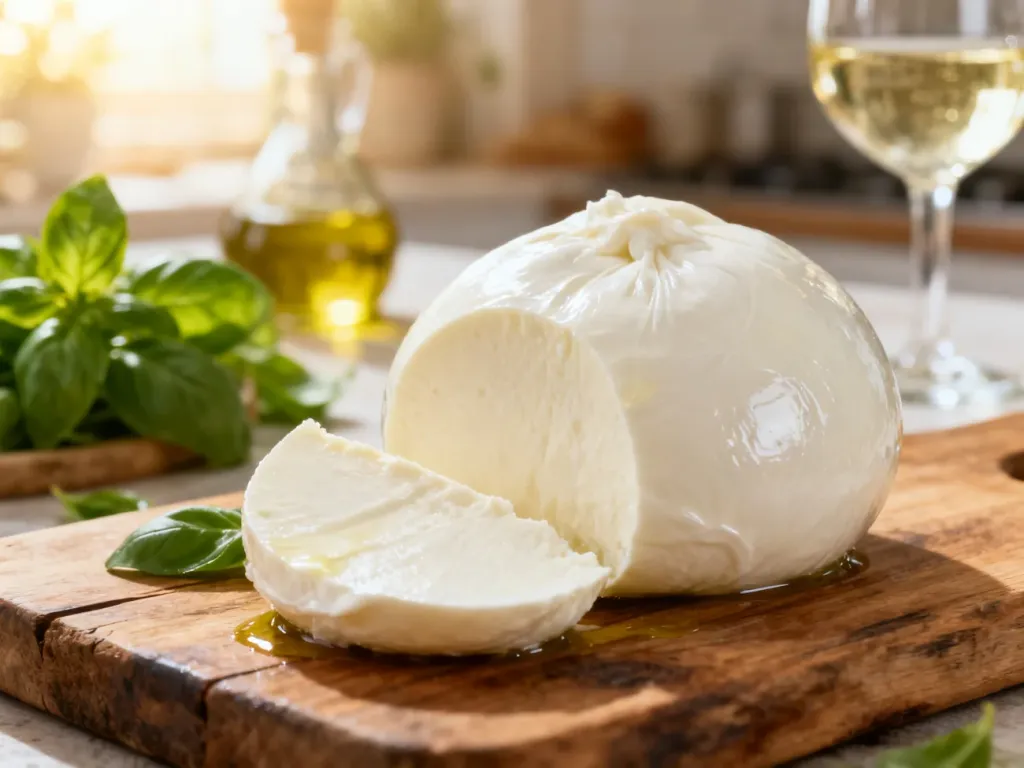 Świeża kula sera Fior di latte na drewnianej desce z widocznym miękkim, mlecznym wnętrzem i dodatkiem świeżej bazylii.