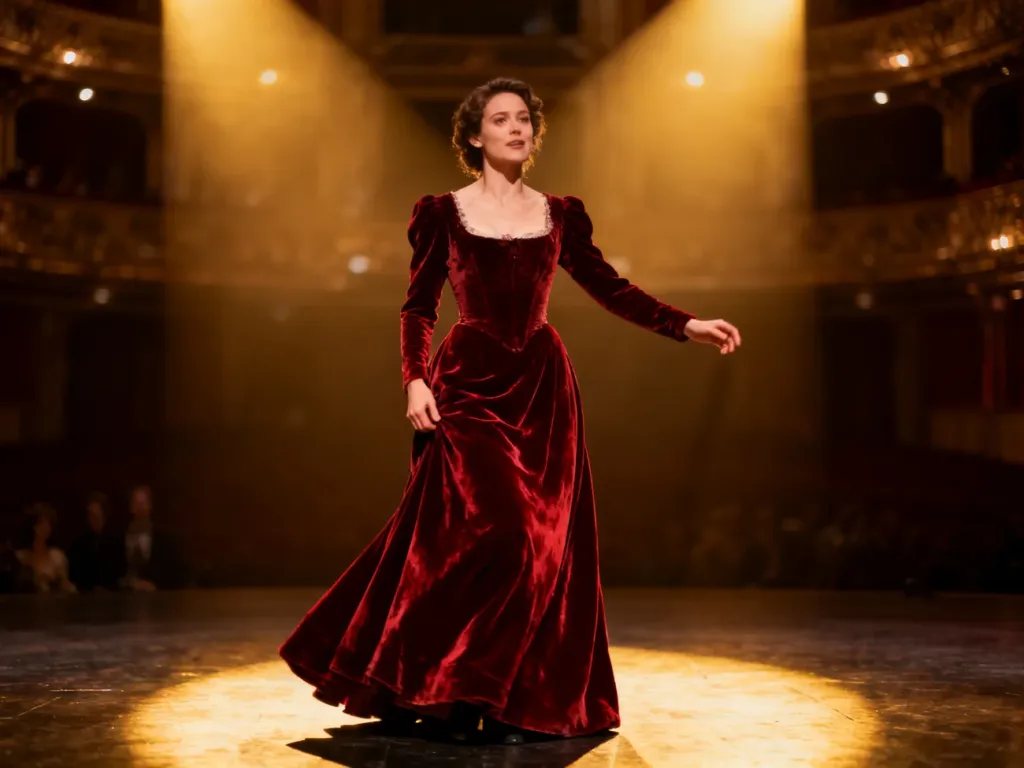 Charyzmatyczna śpiewaczka operowa w eleganckiej sukni, występująca w blasku reflektorów na scenie teatru.